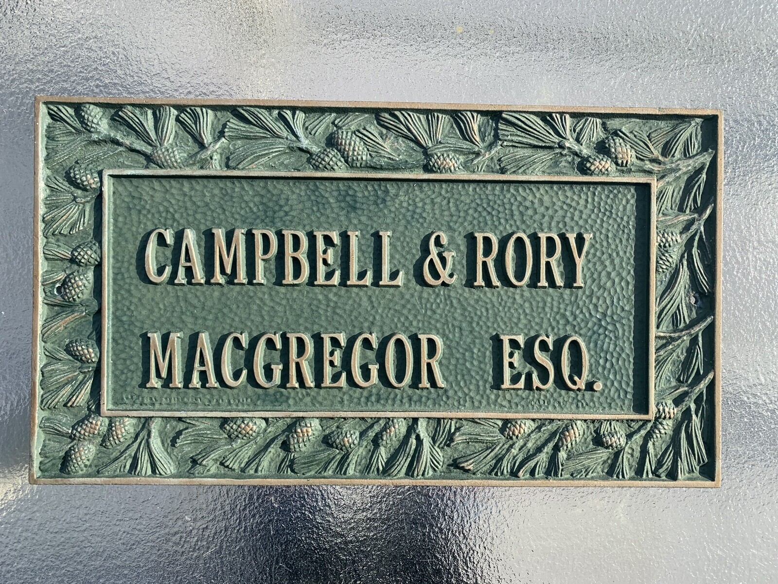 Vintage Green Metal Campbell Rory MacGregor ESQ Attorney Lawyer Wall Plaque Sign