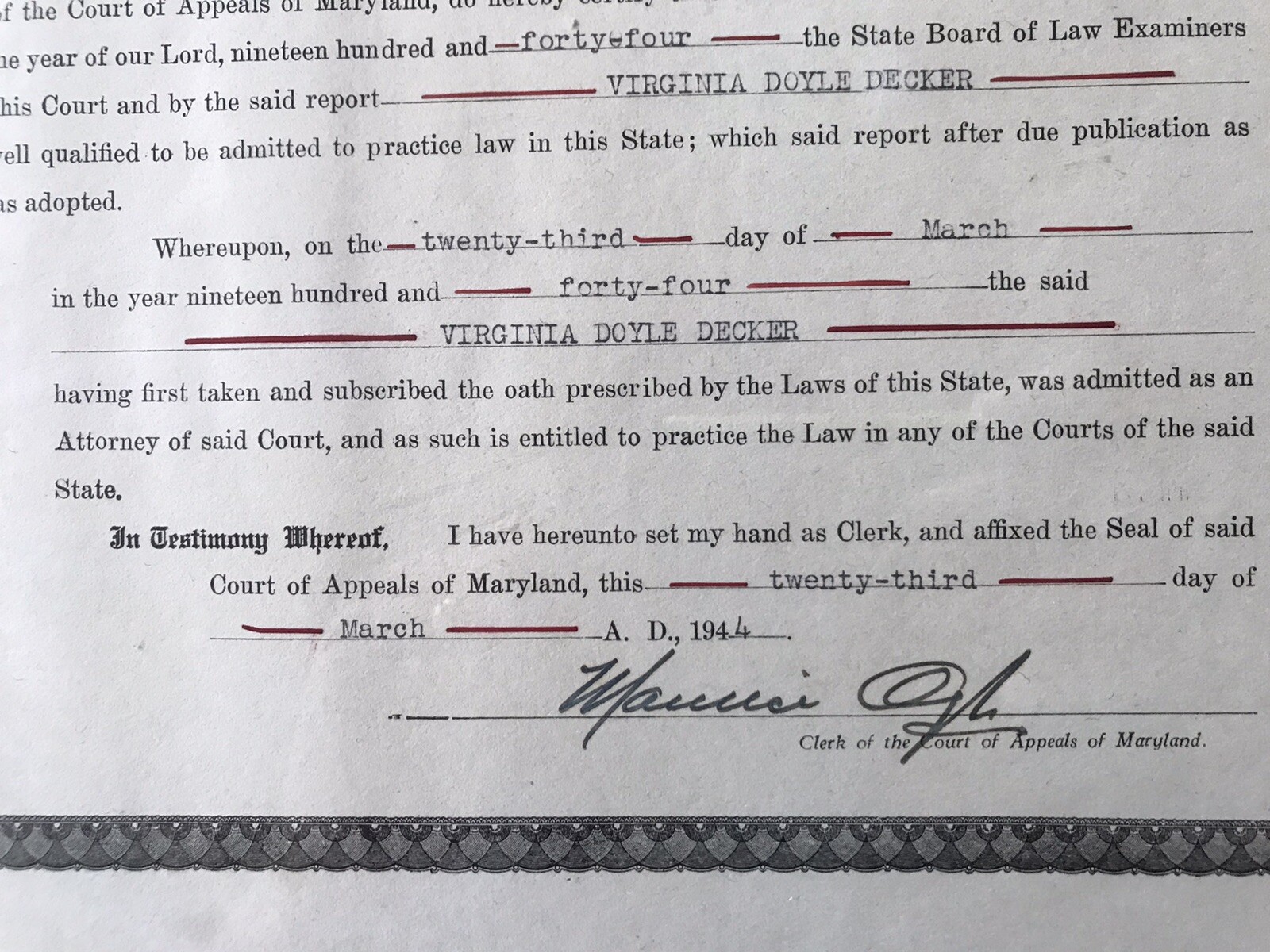 The State Of Maryland LAW DEGREE CERTIFICATE 1944 With Frame