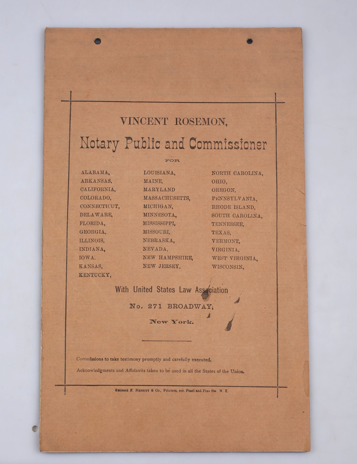 Vintage 1890 United States Law Association Membership Lawyer Roster Chart