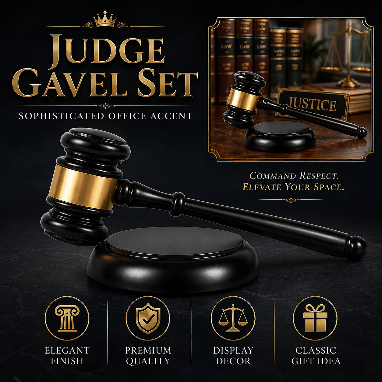 1 Gavel 1 Base Judge Gavel Set Black Gold Desktop Display Law Office Decor Gifts