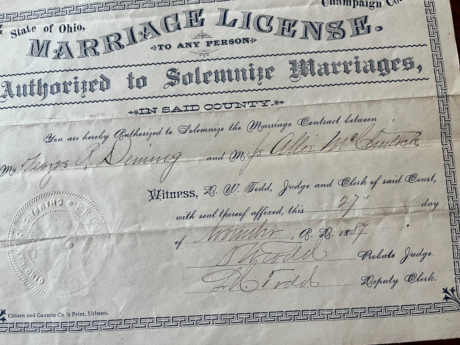 Lot of 4 Antique Marriage Licenses Champaign County Ohio Dated 1887-1889