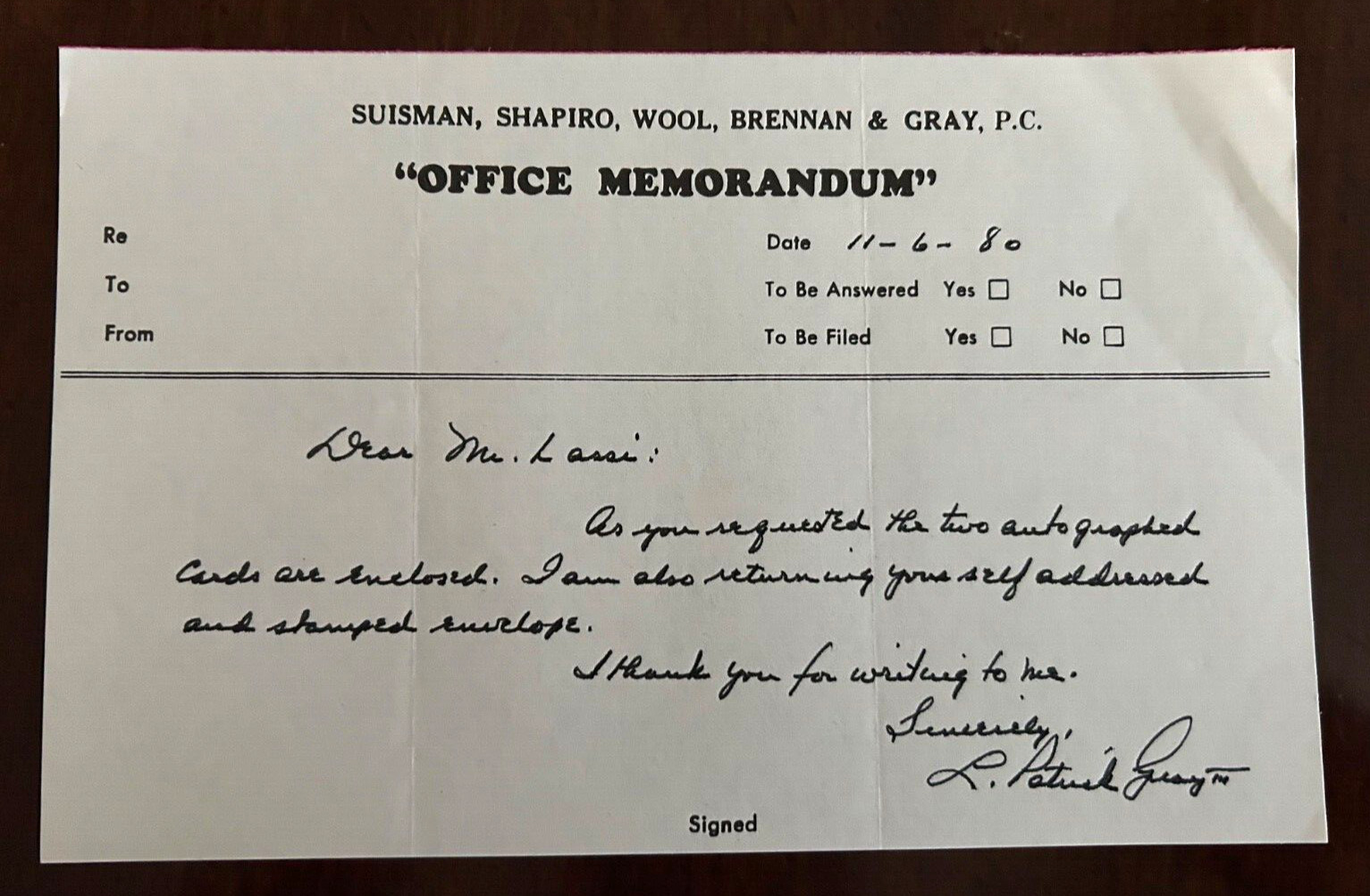 L. PATRICK GRAY III – Hand-written and Signed Memo. Nov, 6, 1980.