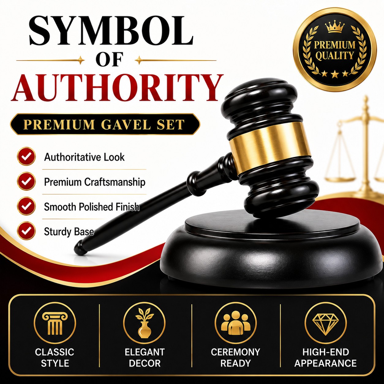 Solid Wood Gavel and Base Set, Black Gold Ceremonial Auction Meeting Hammer
