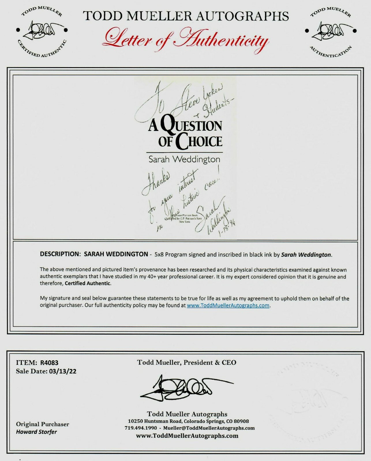 RARE! “Roe V Wade» Sarah Weddington Hand Signed 5X8 Program Cover COA