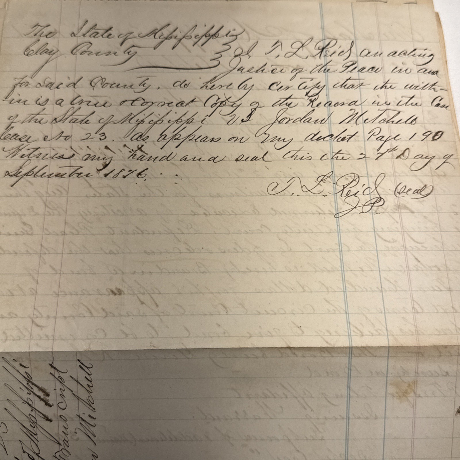 1876 Mississippi Original Case Document Aiding a Fugitive After Officer Shooting