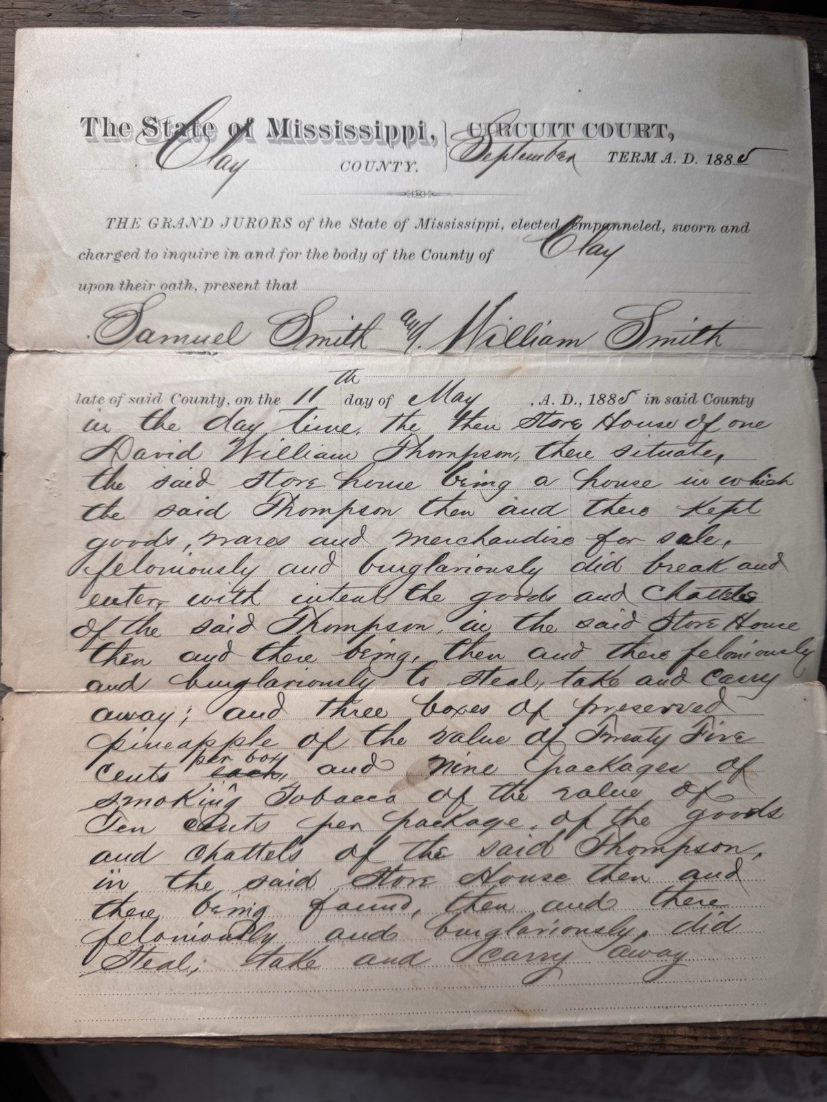 1885 Mississippi Circuit Court Indictment | Grand Jury Burglary Case | Original