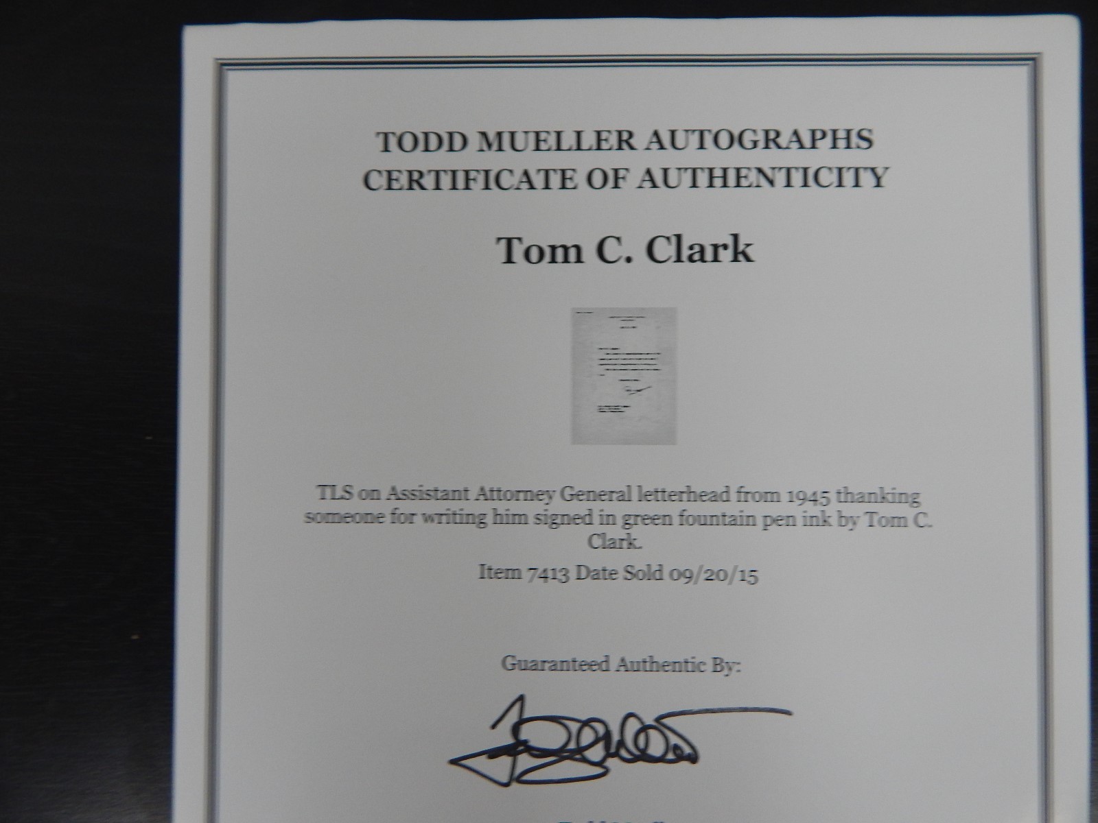 “Supreme Court Justice” Tom C Clark Signed TLS Dated 1945 COA