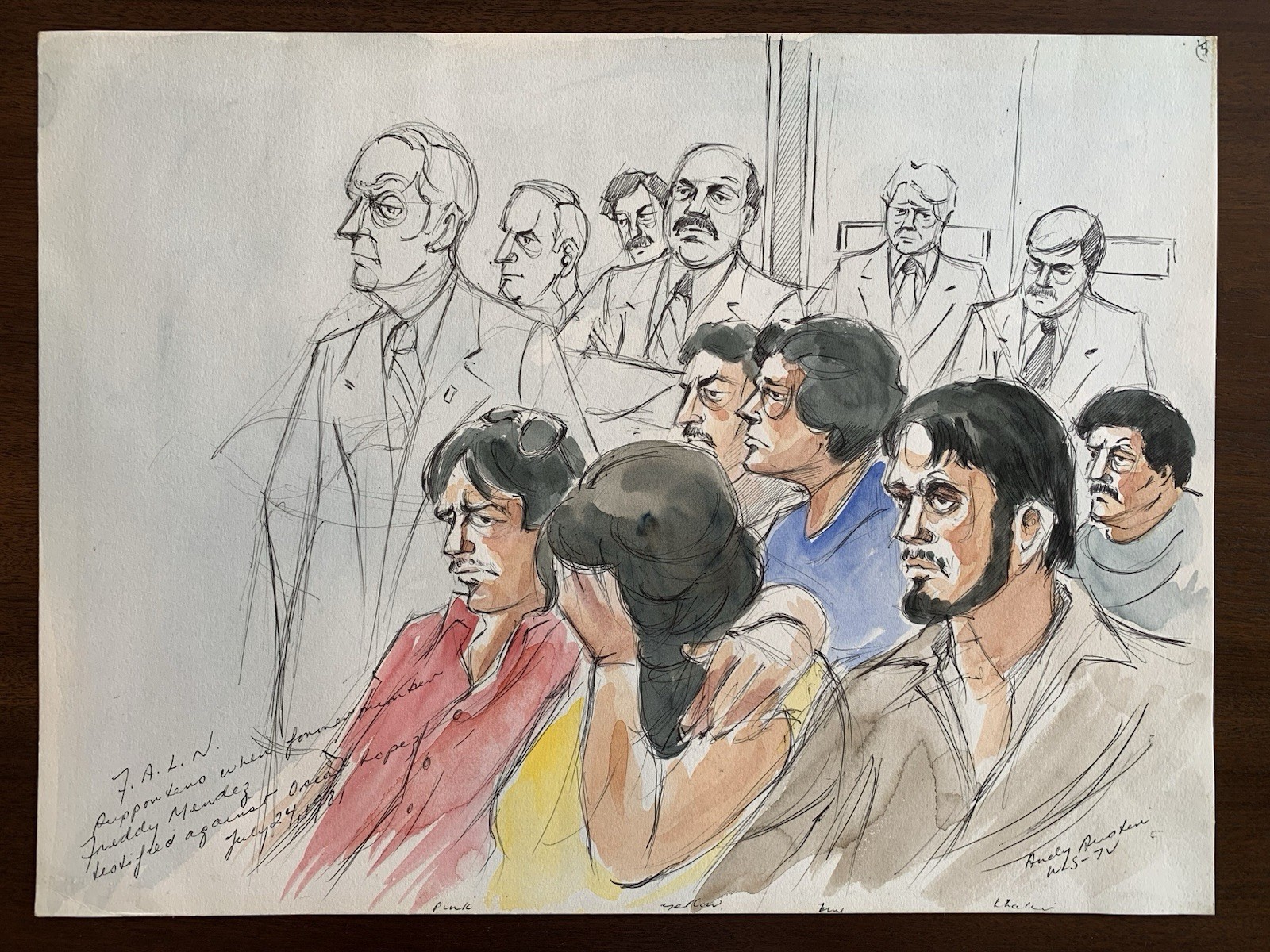 Signed Andy Austin Original «F.A.L.N.» 1981 Courtroom Watercolor Sketch Chicago