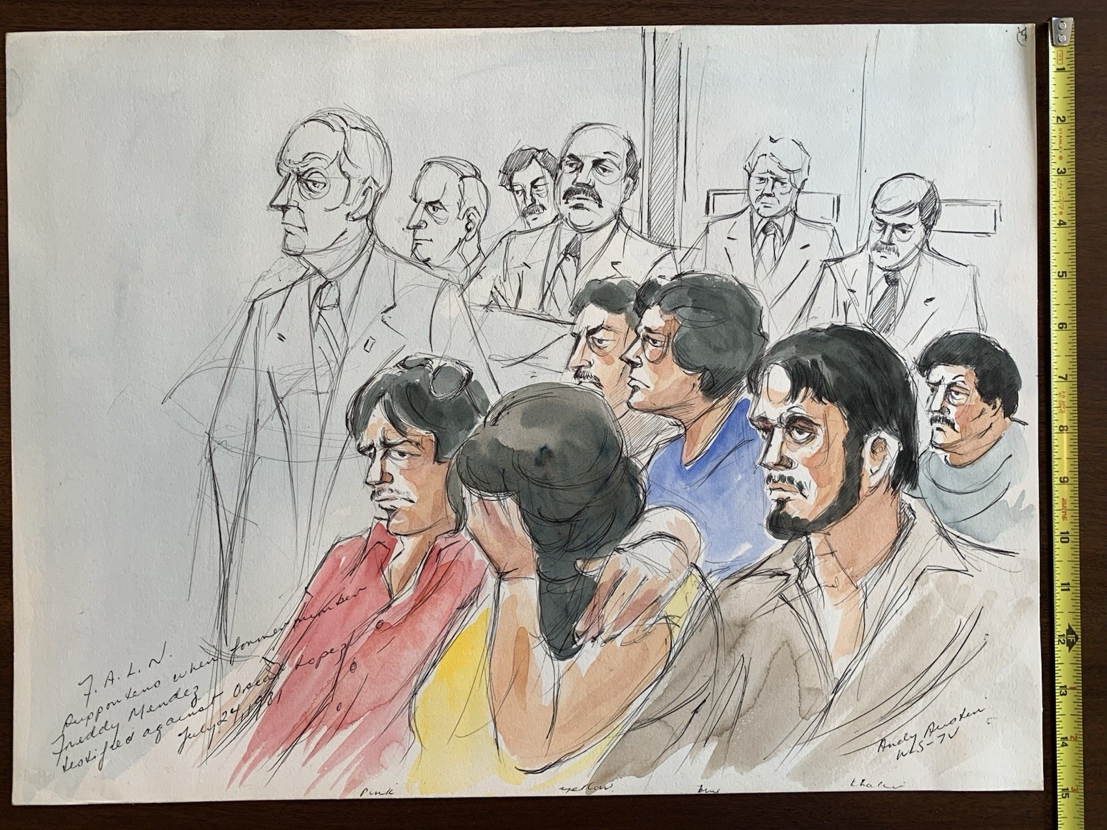 Signed Andy Austin Original «F.A.L.N.» 1981 Courtroom Watercolor Sketch Chicago