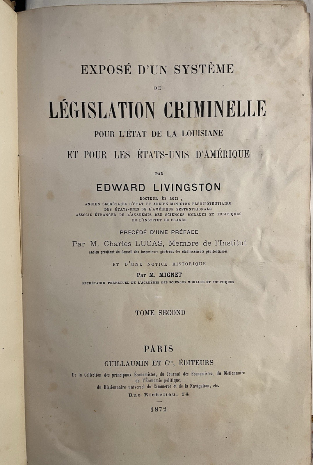 Louisiana Edward Livingston-2 Vol. Legislation Criminelle L’Etat De La Louisiane